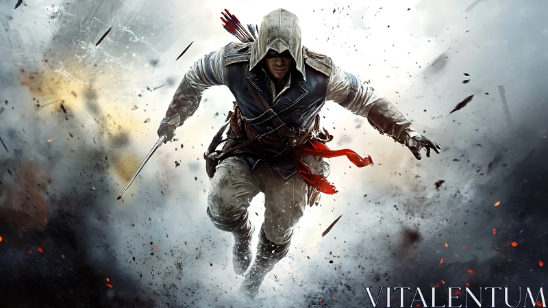 Hooded rogue leaps forward amid smoke and debris.