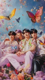 Pastel boyband daydream in a skyrocketing butterfly bloomstorm.