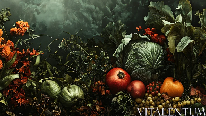 Midnight garden harvest glows like a baroque vegetable opera