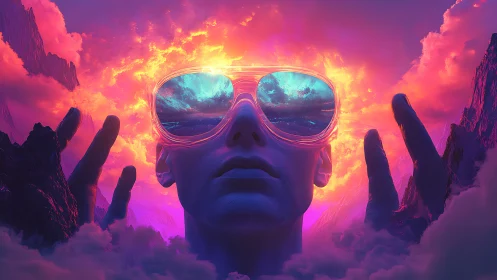 Neon lit figure with reflective glasses in vivid clouds.