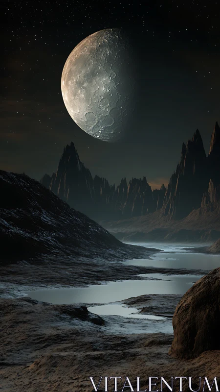 Lunar surface dominates sky above rocky alien valley