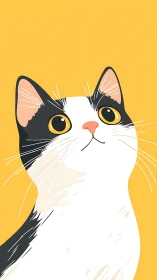 Bold Black and White Cat with Golden Eyes Against Sunny Yellow.