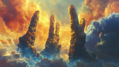 Skyward stone spires pierce radiant clouds at sunrise.