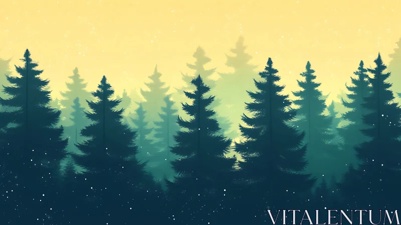 Pine forest silhouettes under diffuse golden dawn sky.