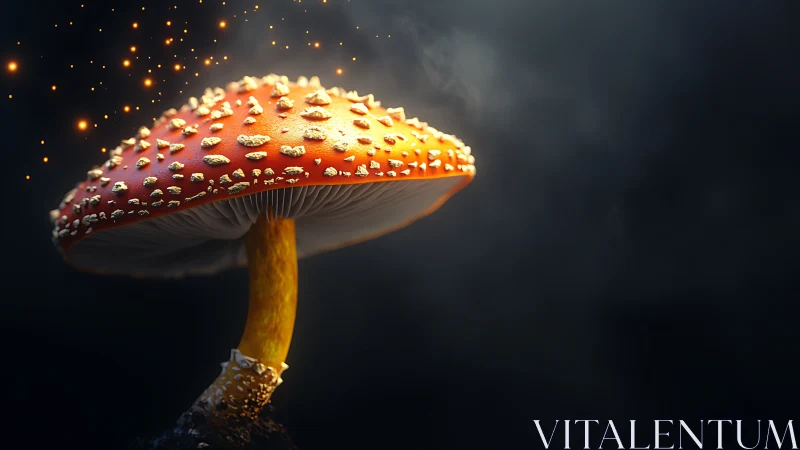 Red spotted mushroom glows against dark smoky background.
