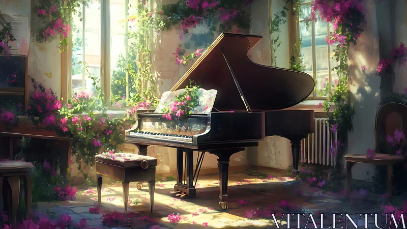 Grand piano entwined with luminous floral overgrowth in light.