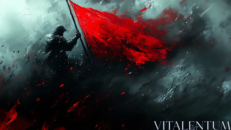 Lone warrior in stormlight raising a fierce red banner.