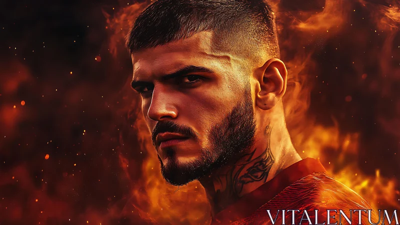 Intense bearded fighter framed by blazing orange flames.