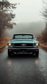 Foggy-lane Mustang stares down the road with quiet thunder.