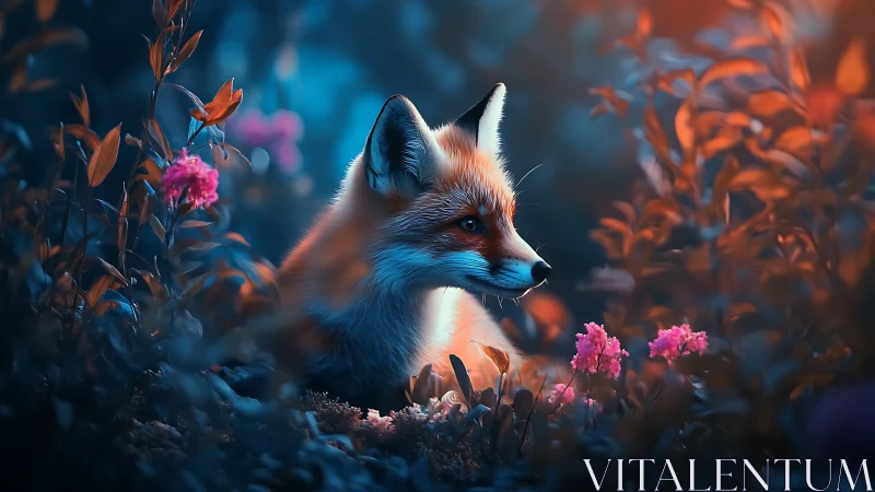 Gentle fox resting in a dreamy, flower-lit forest glow.