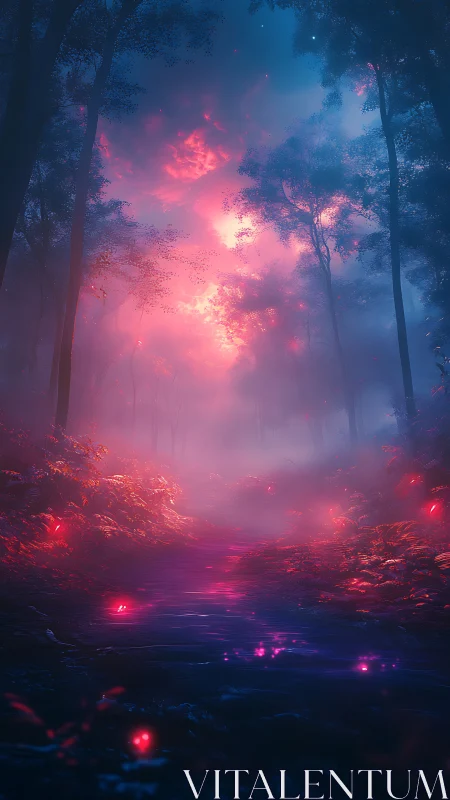 Bioluminescent forest stream glows beneath magenta nebula sky