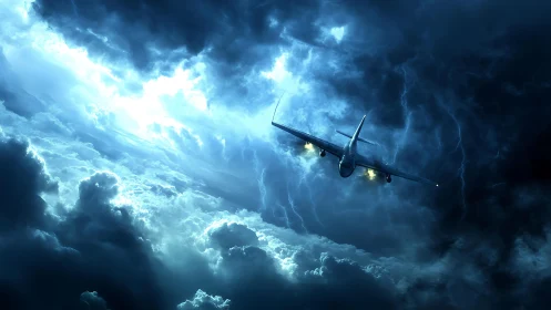 Stormborne airliner knifes through electric midnight sky.