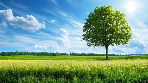 Solitary deciduous tree in sunlit meadow under cirrus sky