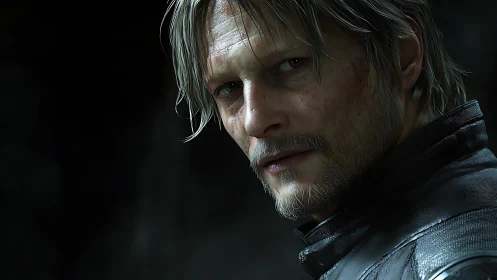 Brooding silver‑haired man in dramatic cinematic close‑up.