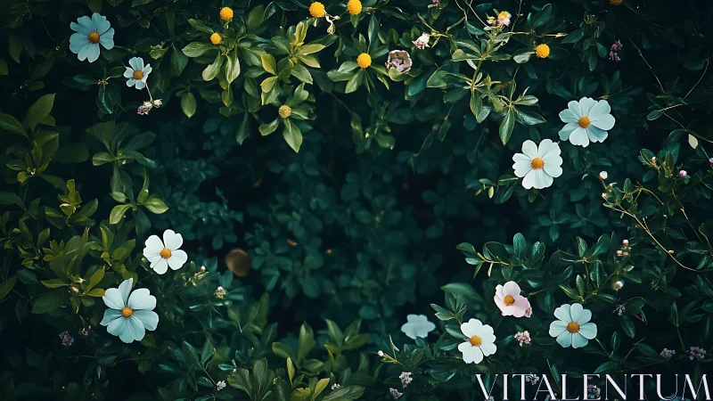 Overhead Floral Garden Composition with Daisies and Yellow Ranunculus Blooms