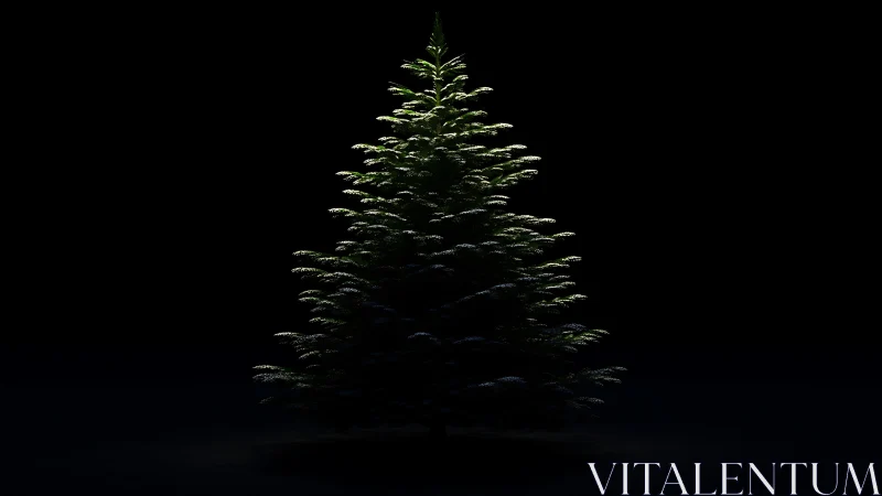 Single lit evergreen tree against dark black background.