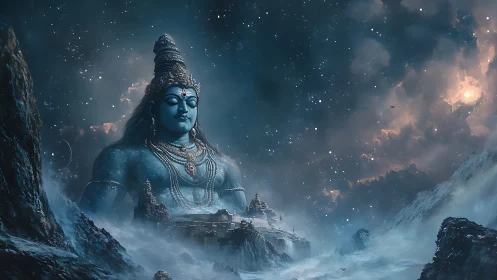 Colossal icy deity integrated with astral Himalayan skyline.