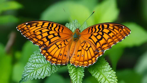 Flame-winged forest butterfly poised on emerald leaves.