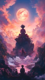 Silhouetted figures on rocky path under large glowing moon.