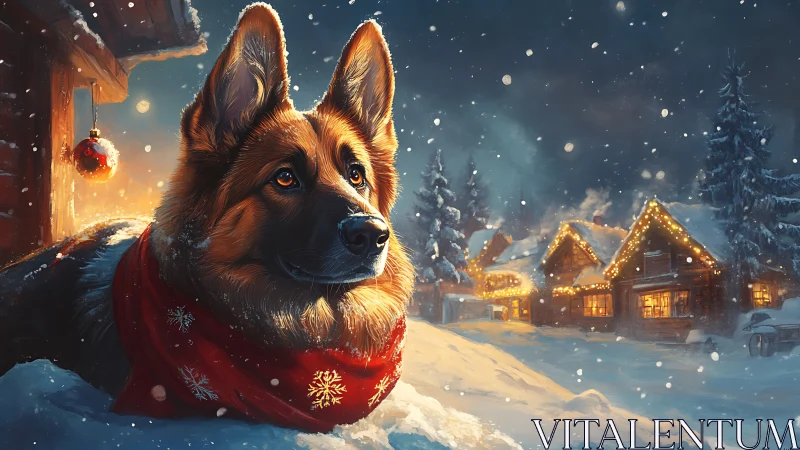 German shepherd rests in glowing snowy Christmas village scene.