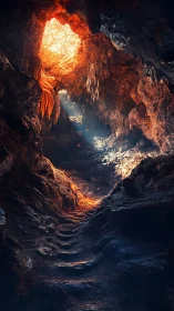 Rocky cave interior with eroded steps and skylight opening.