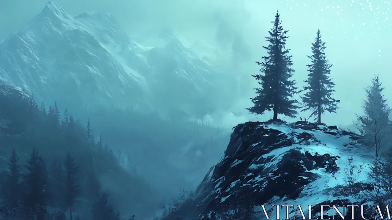 Subalpine conifers on snowbound cliff against misted peaks