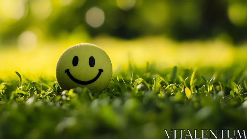Smiley face ball resting on green grass in soft light.