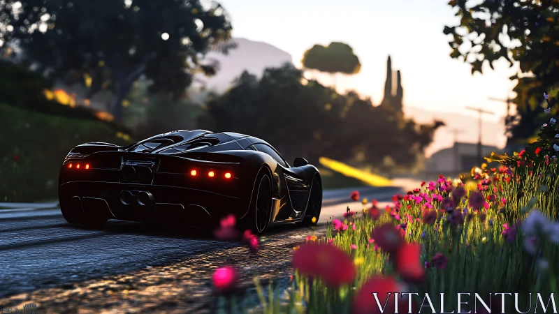 Black hypercar accelerates along flower-lined country road