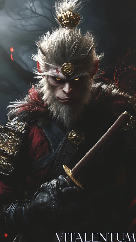 Mythic simian warrior portrait in cinematic low key lighting.