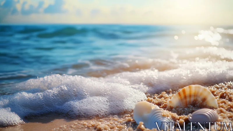 Sunlit seashell chorus beneath foaming shoreline waves.
