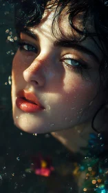 Wet close-up portrait of freckled woman in moody light.