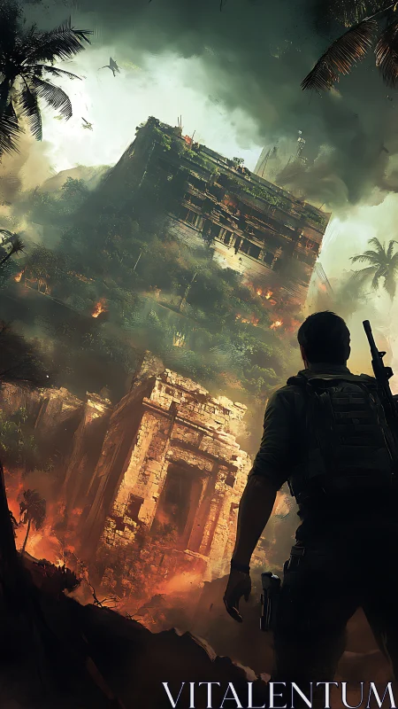 Jungle ruin inferno and lone adventurer facing collapsing titan.