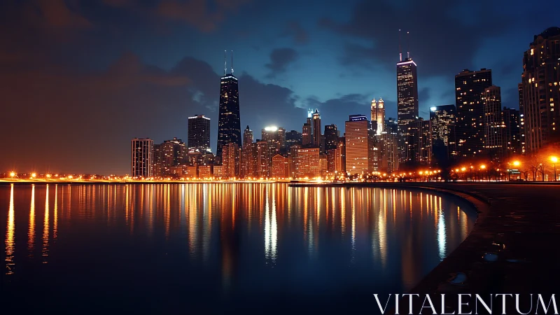 Lakeside city lights casting golden trails on calm water.