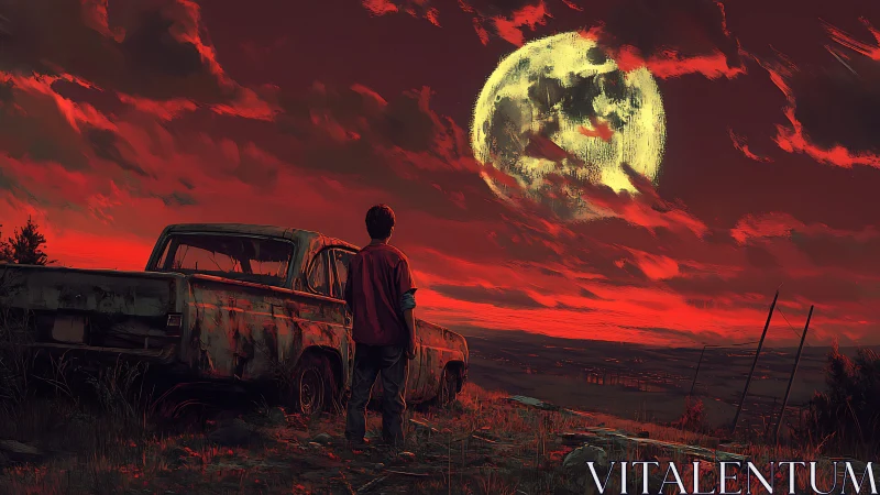 Cinematic moonrise over rusted pickup in crimson twilight sky.