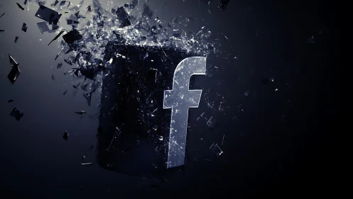 Shattering blue social cube erupting in dark digital space.