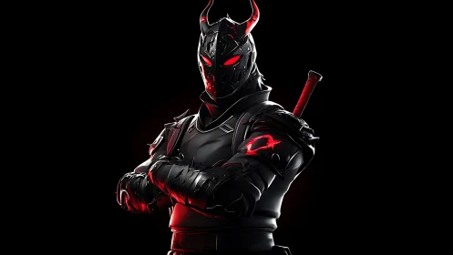 Dark horned cyber knight with glowing red armor highlights.