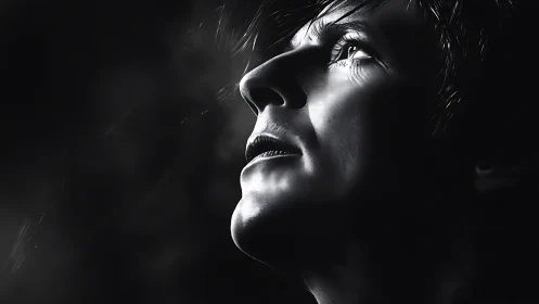 Upward gaze in dramatic monochrome light captures emotion.