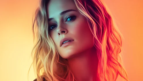 Digital portrait of woman with warm dual color lighting.