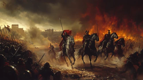 Medieval cavalry charge before burning fortified city walls.