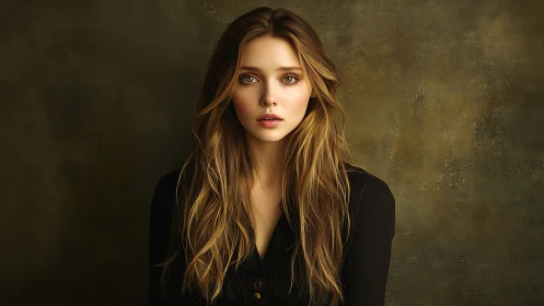 Portrait of young woman against muted textured backdrop.