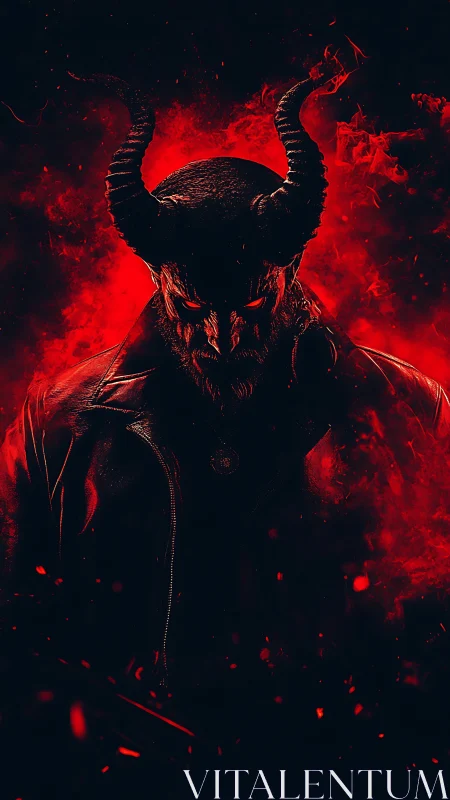 Infernal horned figure in red smoke with dramatic lighting.