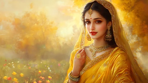 Digital portrait of jeweled woman in saffron sari with soft bokeh field