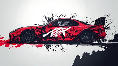 Red drift car streaked in bold splashes of urban energy.
