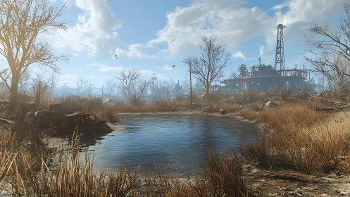 Industrial structure overlooks shallow pond in dry landscape