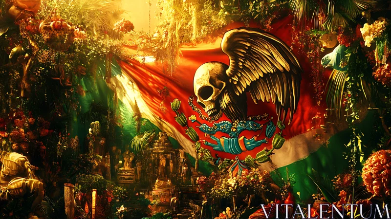 Winged skull emblem on tricolor flag amid dense foliage.