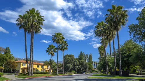 Sunny palm-lined neighborhood street under brilliant skies.
