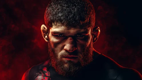 Intense MMA fighter glares through dramatic red smoke backdrop.