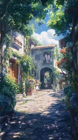 Sunlit stone alley where summer vines quietly sing.