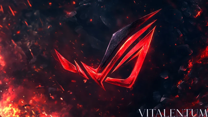 Red angular emblem burns within fragmented molten void