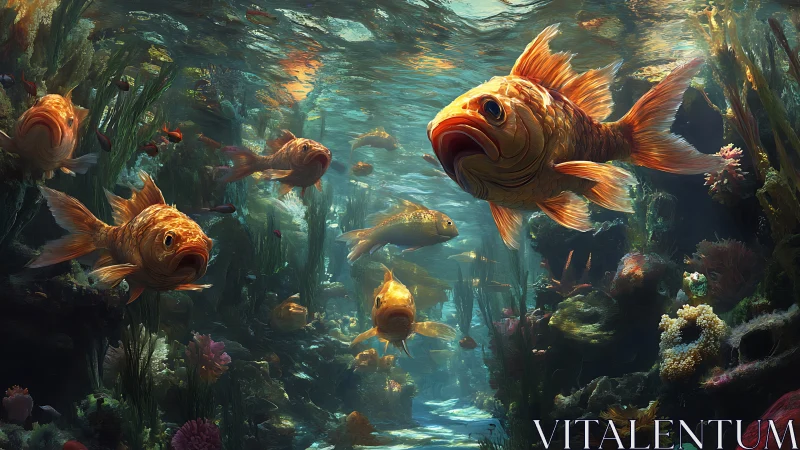 Digital painting of luminous goldfish in dense coral reefscape.